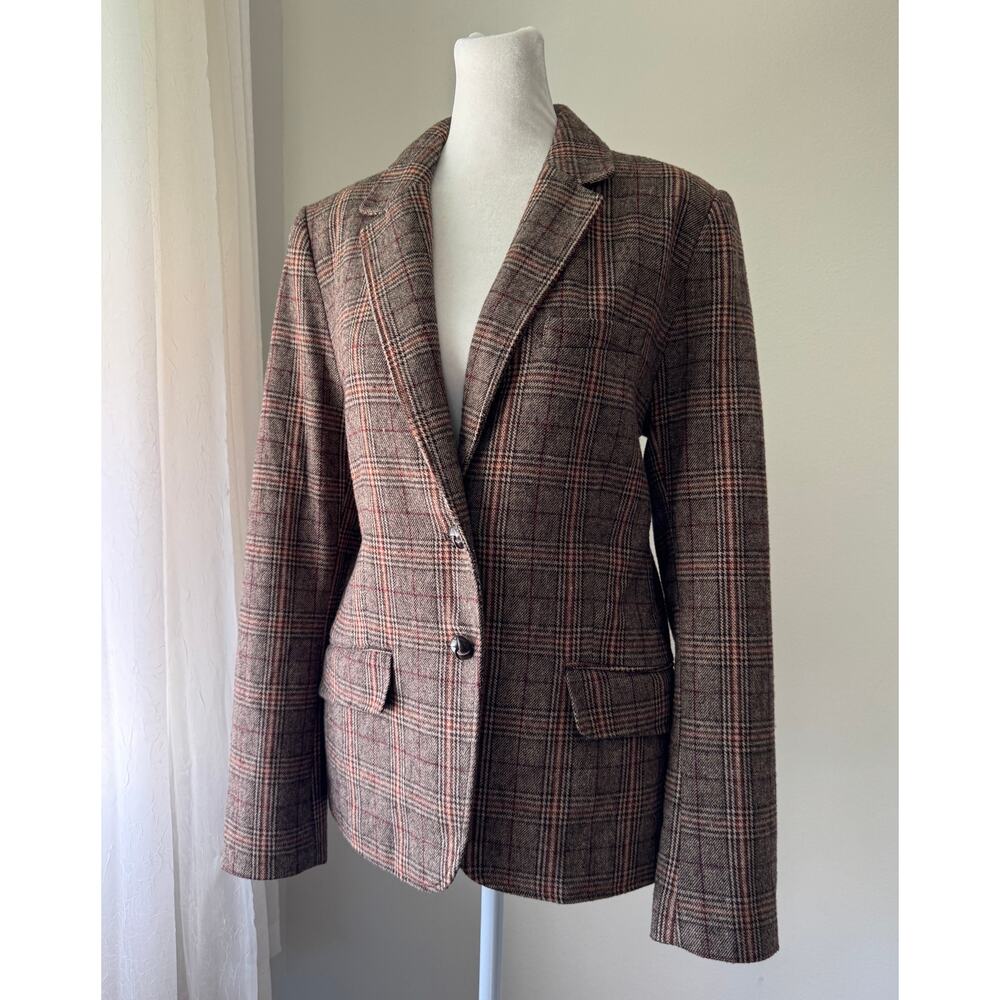 H&M Brown Plaid Wool Blend Single Breasted Blazer w/ Elbow Patches